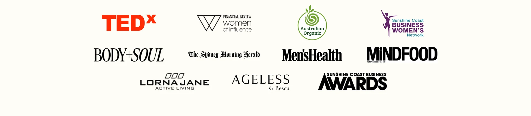Logos of outlets and awards Cyndi has featured in: TEDx, Financial Review Women of Influence, Australian Organic, Sunshine Coast Business Women’s Network, Body+Soul, The Sydney Morning Herald, Men’s Health, MiNDFOOD, Lorna Jane, Ageless by Rescu, and Sunshine Coast Business Awards